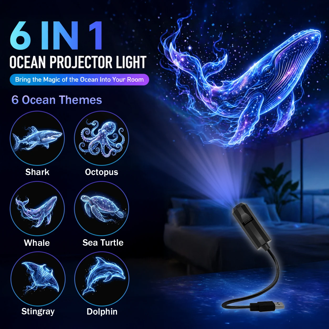 Ocean-themed projection night light with turtle, dolphin, and whale patterns; suitable for decorating living rooms and bedrooms.
Ocean-themed projection night light with turtle, dolphin, and whale patterns; suitable for decorating living rooms and bedrooms.