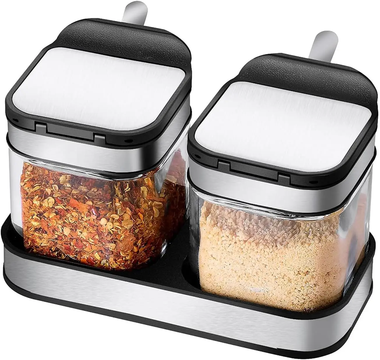 Condiment Jar Set of 2 with Stainless Steel Lids and Spoons, Clear Glass Spice Containers for Kitchen Counter and Food Storage
Condiment Jar Set of 2 with Stainless Steel Lids and Spoons, Clear Glass Spice Containers for Kitchen Counter and Food Storage