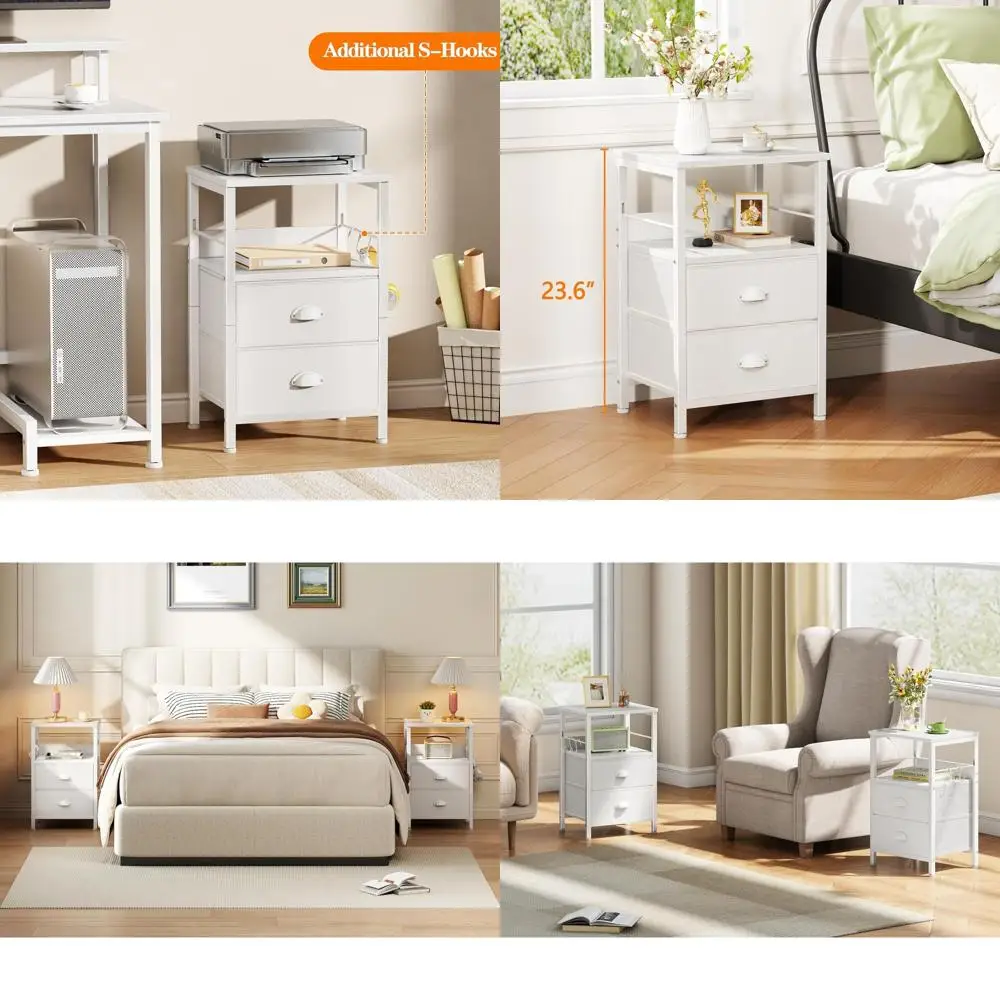 Pair of White Nightstands with Fabric Drawers, Hooks, and Open Shelf for Bedroom or Living Room
Pair of White Nightstands with Fabric Drawers, Hooks, and Open Shelf for Bedroom or Living Room