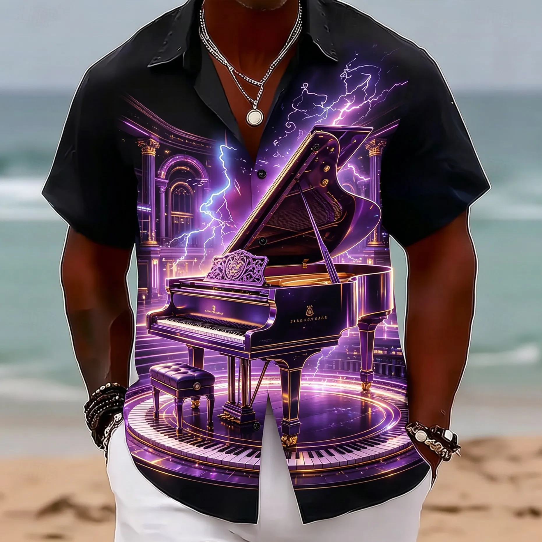 Men's Piano Graphic Short Sleeve Shirt, Neon Lightning Trippy Print Cuban Collar Casual Top, Spring Summer Streetwear for Men
Men's Piano Graphic Short Sleeve Shirt, Neon Lightning Trippy Print Cuban Collar Casual Top, Spring Summer Streetwear for Men