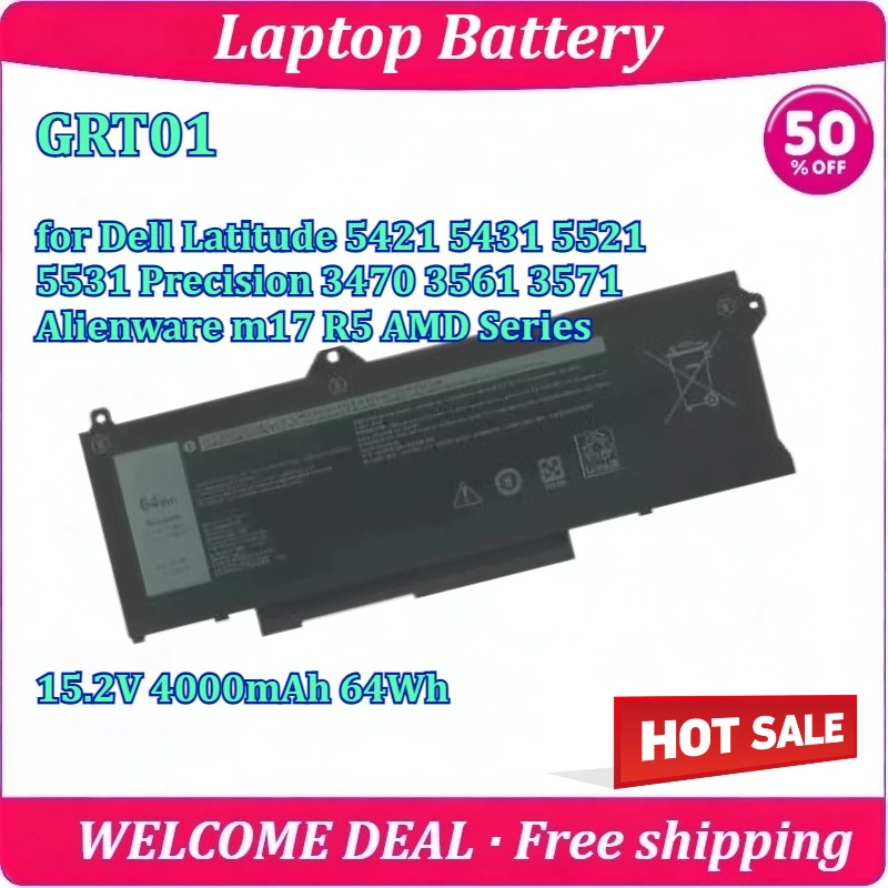 New GRT01 for Dell Latitude 5421 5431 5521 5531 Precision 3470 3561 3571 Alienware m17 R5 AMD Series 15.2V 4000mAh 64Wh Battery
New GRT01 for Dell Latitude 5421 5431 5521 5531 Precision 3470 3561 3571 Alienware m17 R5 AMD Series 15.2V 4000mAh 64Wh Battery