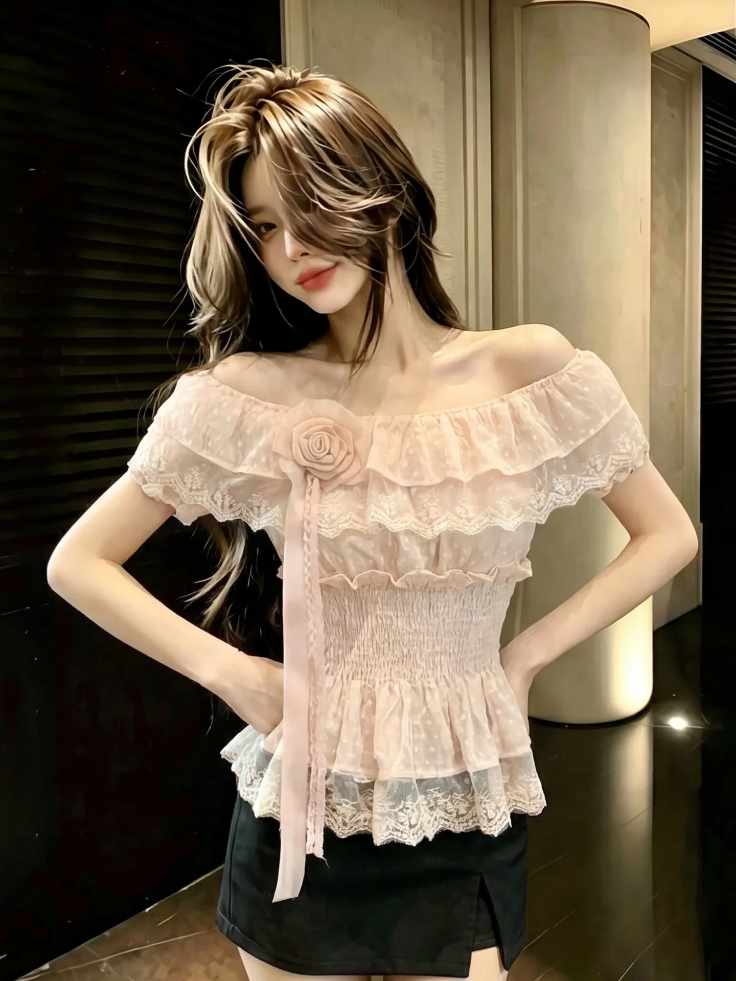 Pink Lace Trim Blouse Women's Summer Unique Beautiful Waist Cinched Chiffon Shirt One Shoulder Decorated with 3D Flowers
Pink Lace Trim Blouse Women's Summer Unique Beautiful Waist Cinched Chiffon Shirt One Shoulder Decorated with 3D Flowers
