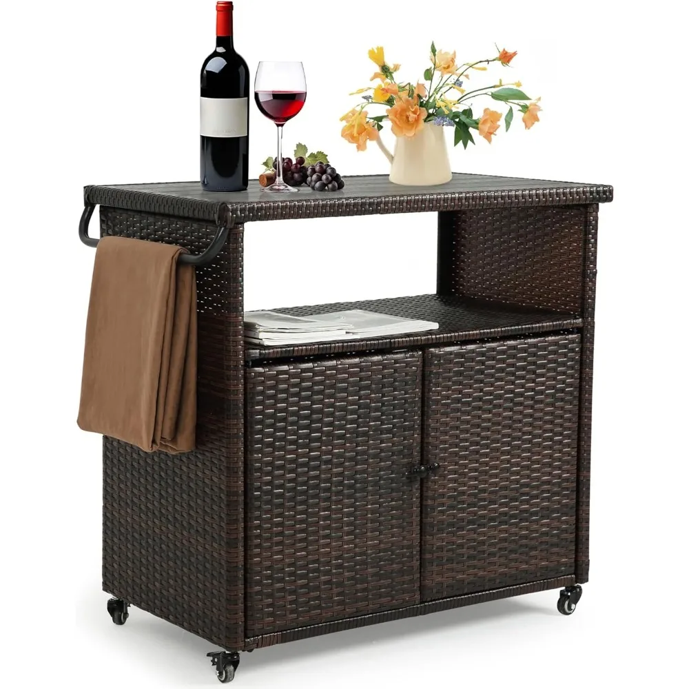 Outdoor Grill Carts with Storage Cabinet - Outside Bar Cart with Wheels Wicker Patio Kitchen Island Table Weatherproof Prep Sta
Outdoor Grill Carts with Storage Cabinet - Outside Bar Cart with Wheels Wicker Patio Kitchen Island Table Weatherproof Prep Sta