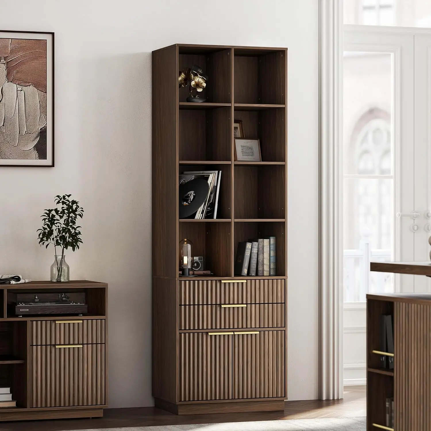 #Fluted Wooden Tall Bookshelf With Doors 2 Drawers 4-Tier 73 Inch Home Office Living Room, Customized
#Fluted Wooden Tall Bookshelf With Doors 2 Drawers 4-Tier 73 Inch Home Office Living Room, Customized