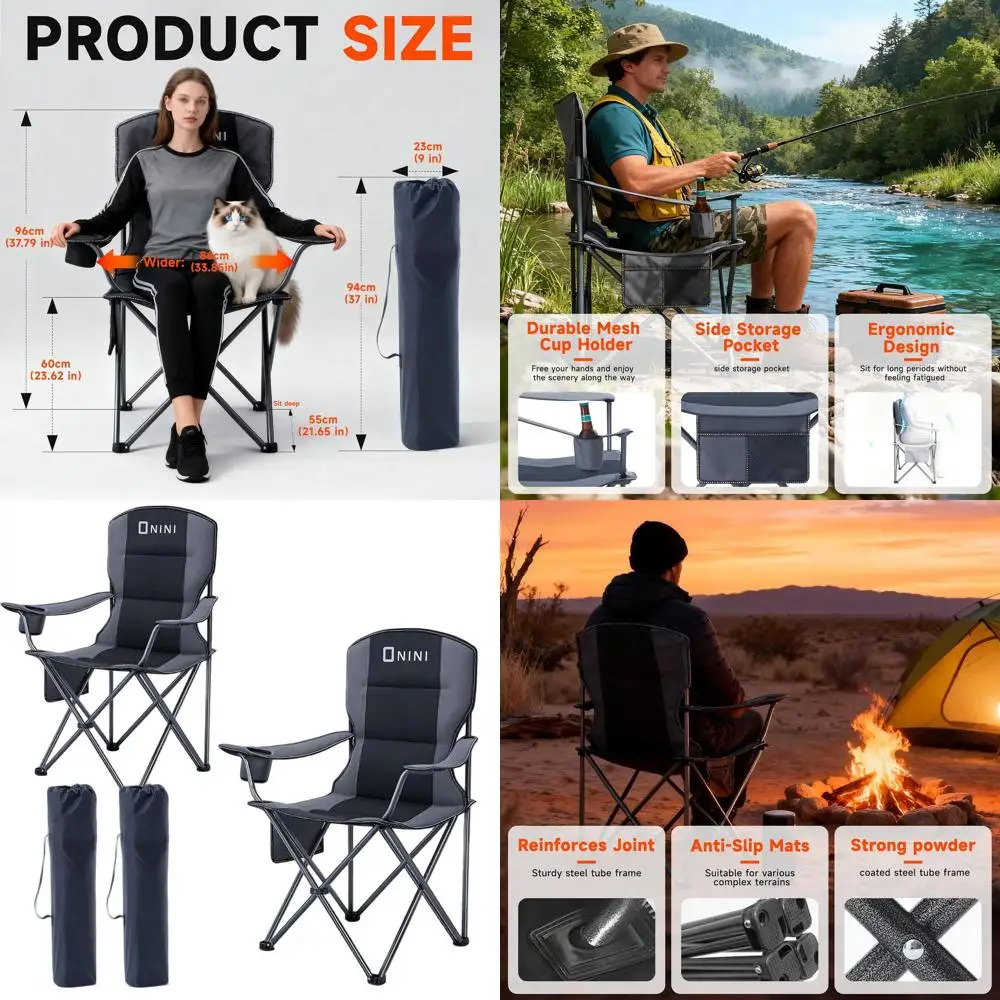 Oversized Camping Folding Chairs Heavy Duty Support 500 LBS Chair with Cup Holder, Storage Bag for Outdoor, Beach, Fishing, Trip
Oversized Camping Folding Chairs Heavy Duty Support 500 LBS Chair with Cup Holder, Storage Bag for Outdoor, Beach, Fishing, Trip