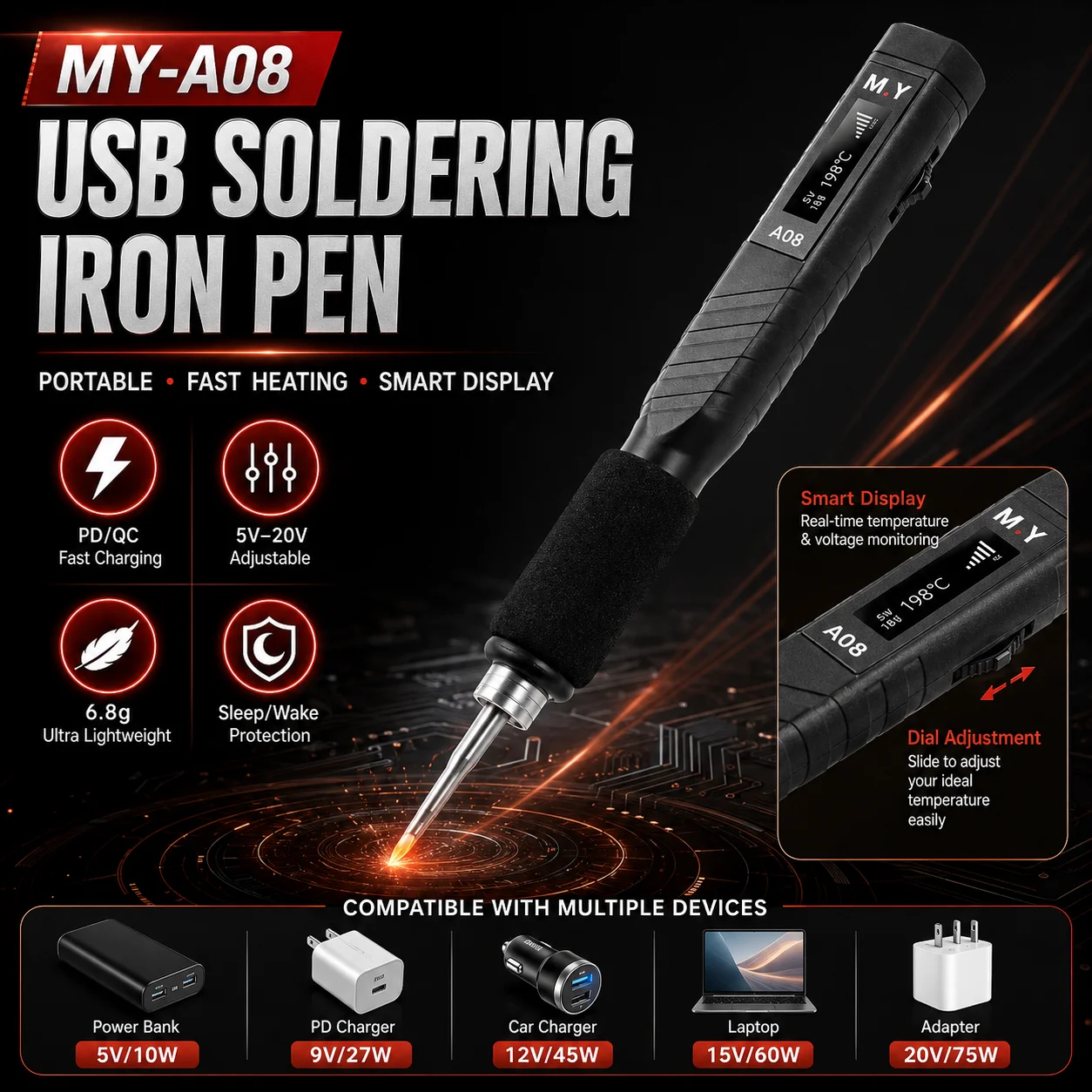 YCS M.Y-A08 Smart Soldering Iron USB Welding Pen, 100-450C Adjustable Temperature, QC3.0 PD AFC FCP Repair Tool
YCS M.Y-A08 Smart Soldering Iron USB Welding Pen, 100-450C Adjustable Temperature, QC3.0 PD AFC FCP Repair Tool