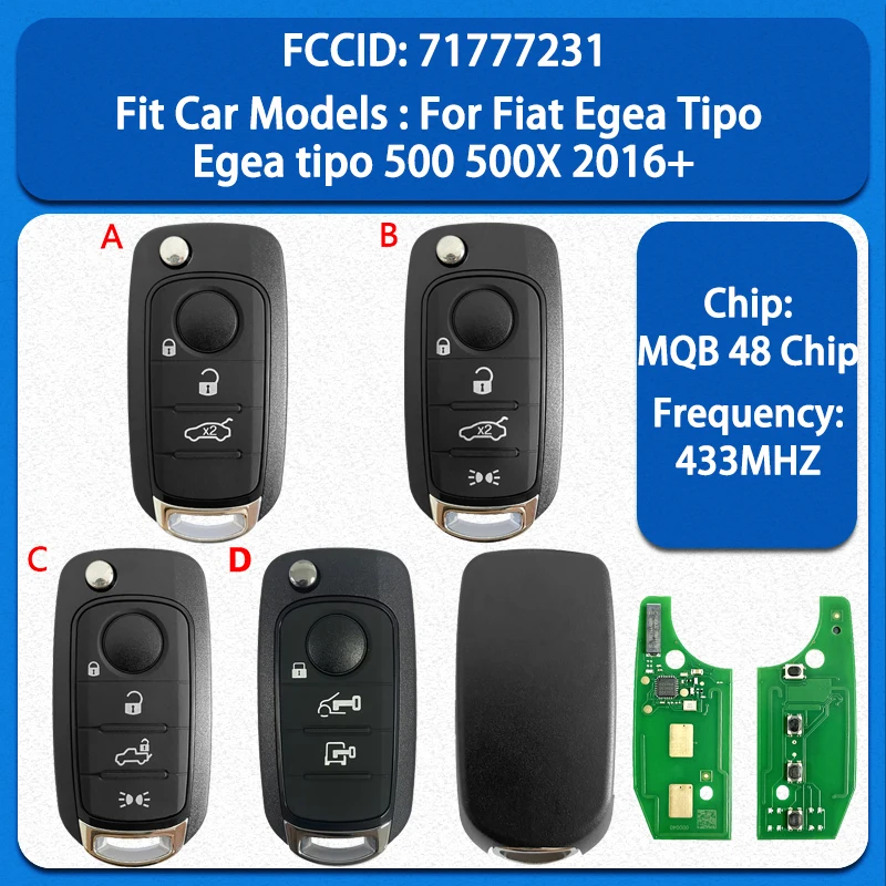 CN017009 Запасной смарт-ключ с 3/4 кнопками, чипом MQB 48, частотой 433 МГц, FCC 71777231 для Fiat Egea, Tipo, 500, 500X 2016+
CN017009 Запасной смарт-ключ с 3/4 кнопками, чипом MQB 48, частотой 433 МГц, FCC 71777231 для Fiat Egea, Tipo, 500, 500X 2016+