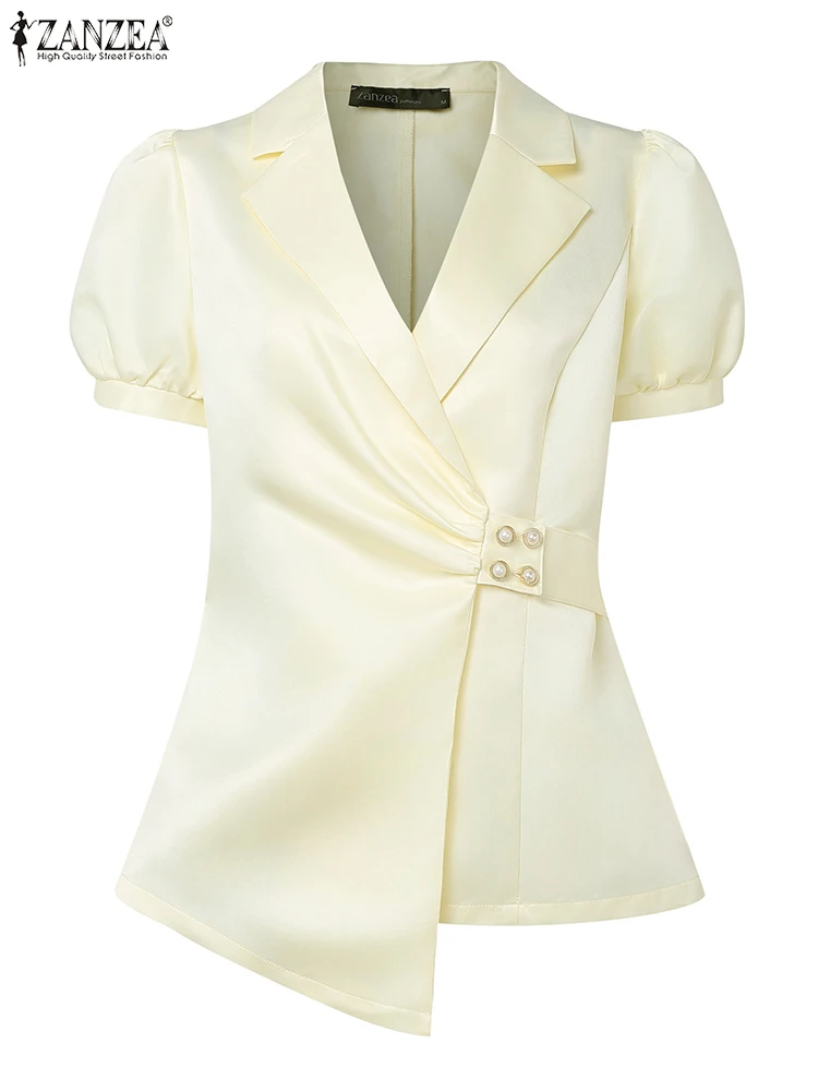 2025 ZANZEA Elegant Lapel Neck OL Work Shirts Summer Office Blouse Women Tops Short Puff Sleeve Blusas Asymmetrical Satin Shirt
2025 ZANZEA Elegant Lapel Neck OL Work Shirts Summer Office Blouse Women Tops Short Puff Sleeve Blusas Asymmetrical Satin Shirt