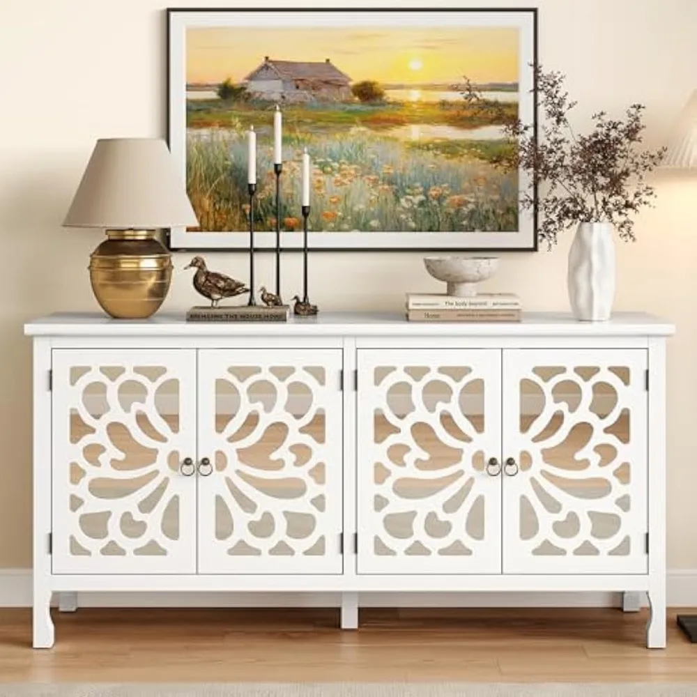 63" Carved Buffet Cabinet with Mirrored Door, Modern Console Cabinet with Storage and Adjustable Shelves, Wood Media for Entrywa
63" Carved Buffet Cabinet with Mirrored Door, Modern Console Cabinet with Storage and Adjustable Shelves, Wood Media for Entrywa