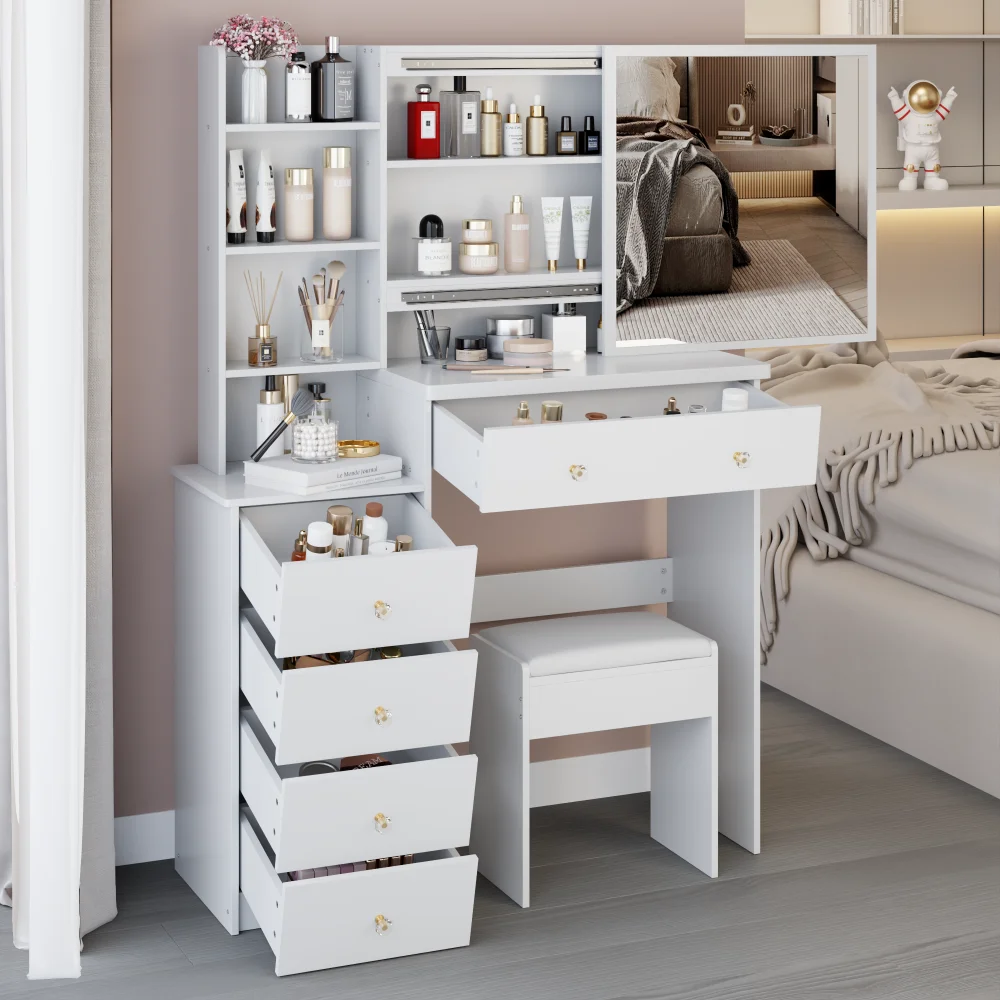 37" Left Bedside Dressing Table + Cushioned Stool, Large Right Sliding Mirror, Multi-Layer Storage, Practical Vanity Set with EP
37" Left Bedside Dressing Table + Cushioned Stool, Large Right Sliding Mirror, Multi-Layer Storage, Practical Vanity Set with EP