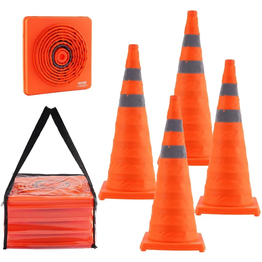 Safety Cones 4 Pack 28 inch Collapsible Traffic Cones Construction Cones with Reflective Collars Wide Base and A Storage Bag f
Safety Cones 4 Pack 28 inch Collapsible Traffic Cones Construction Cones with Reflective Collars Wide Base and A Storage Bag f