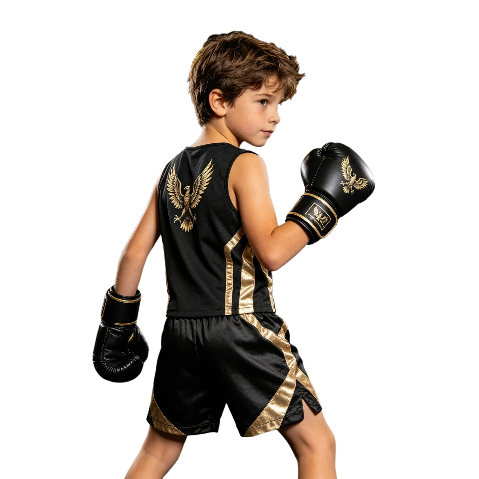 Kids Boys Boxing Sports Daily Class Training Uniform Set Metallic Trim Eagle Printed Vest with Wide Satin Shorts for Competition
Kids Boys Boxing Sports Daily Class Training Uniform Set Metallic Trim Eagle Printed Vest with Wide Satin Shorts for Competition