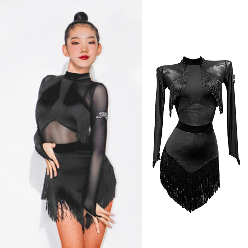 Adult Sexy Latin Dance Dress Black Fringed ChaCha Performance Costume Women Mesh Long Sleeve Rumba Competititon Dress VDB1452
Adult Sexy Latin Dance Dress Black Fringed ChaCha Performance Costume Women Mesh Long Sleeve Rumba Competititon Dress VDB1452