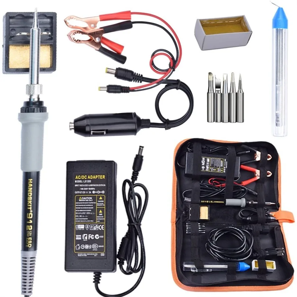 35W Adjustable Temperature Soldering Iron Kit with Car Battery Charger, AC/DC Adapter 110-240V/12V 3A, 5 Tips, PU Carry Bag
35W Adjustable Temperature Soldering Iron Kit with Car Battery Charger, AC/DC Adapter 110-240V/12V 3A, 5 Tips, PU Carry Bag