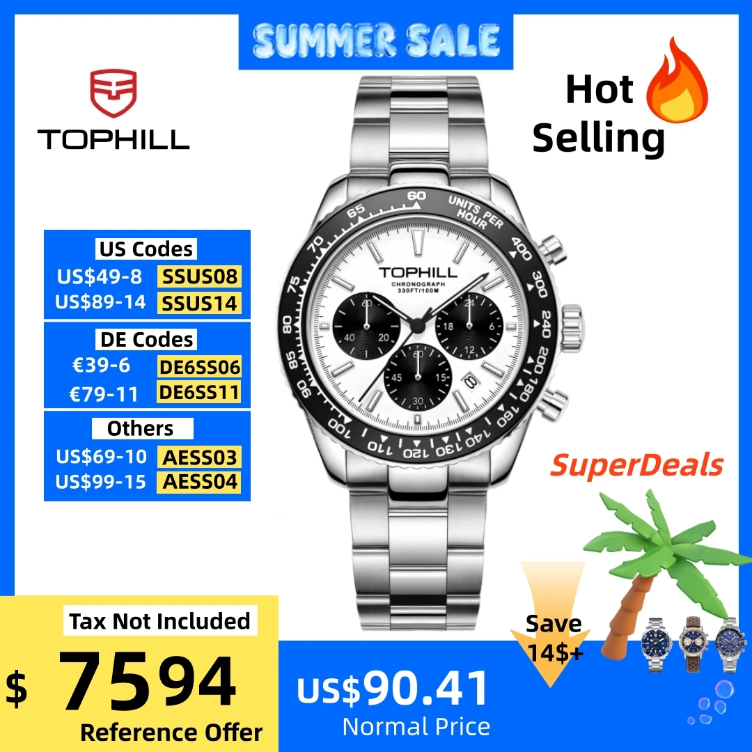 TOPHILL 41mm VD53 Racing Chronograph Men’s Quartz Watch Panda Dial Tachymeter Bezel Sport Wristwatch Swim 100M C3 Lume TD013G
TOPHILL 41mm VD53 Racing Chronograph Men’s Quartz Watch Panda Dial Tachymeter Bezel Sport Wristwatch Swim 100M C3 Lume TD013G