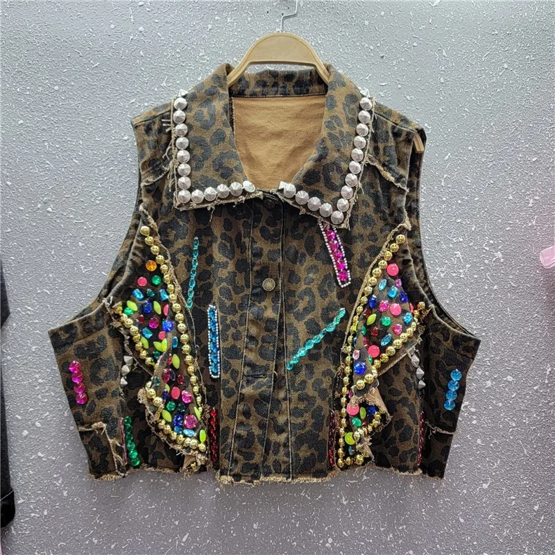 Heavy Work Rivets Diamonds Denim Vest Women Short Waistcoat Leopard Print Cowboy Sleeveless Jacket Coat Loose Jeans Vest Female
Heavy Work Rivets Diamonds Denim Vest Women Short Waistcoat Leopard Print Cowboy Sleeveless Jacket Coat Loose Jeans Vest Female