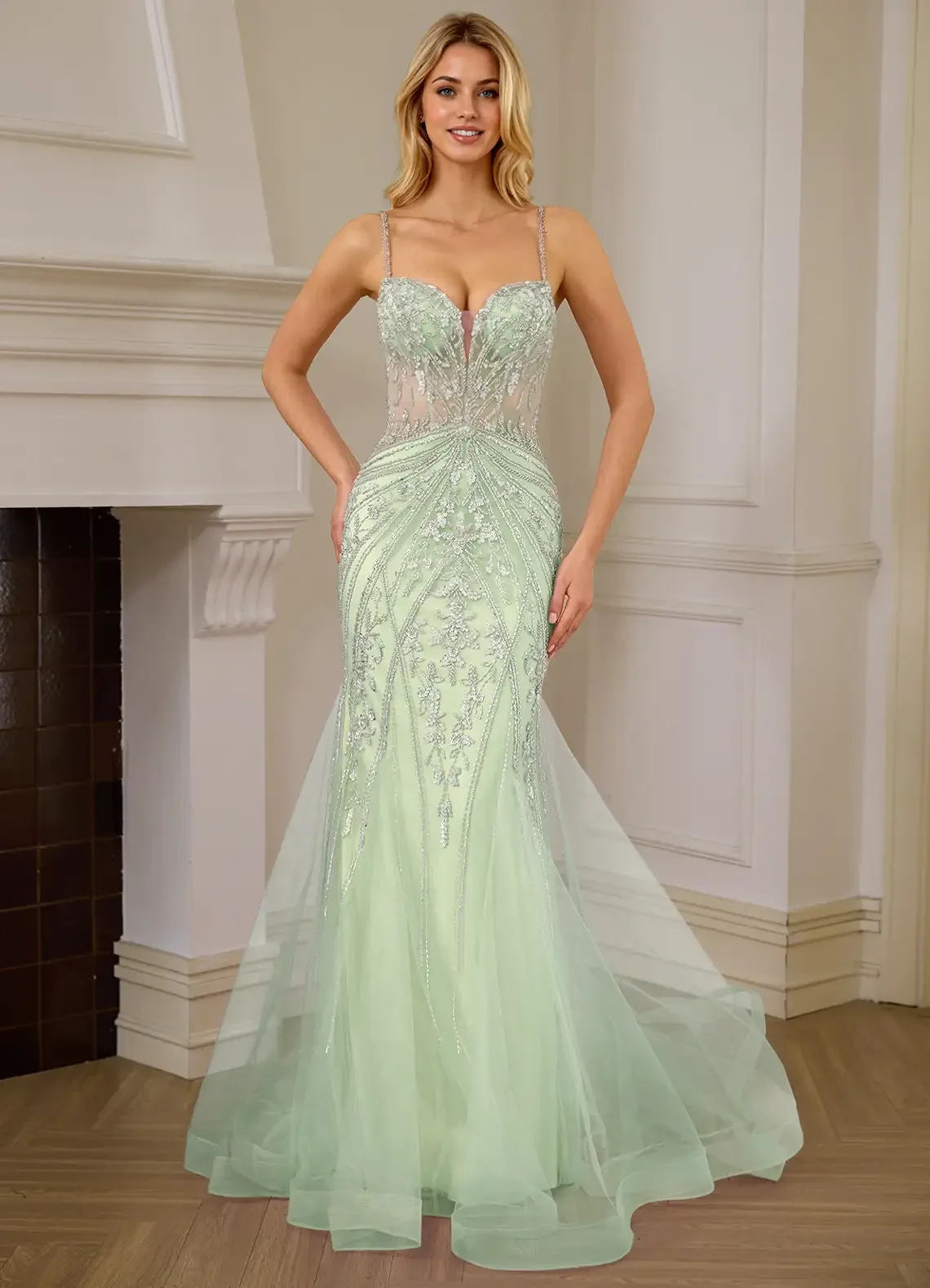 Light Green Embroidered V Neck Prom Dress Side High Split Tulle vestidos de noiva Backless Spaghetti Straps Formal Evening Gowns
Light Green Embroidered V Neck Prom Dress Side High Split Tulle vestidos de noiva Backless Spaghetti Straps Formal Evening Gowns