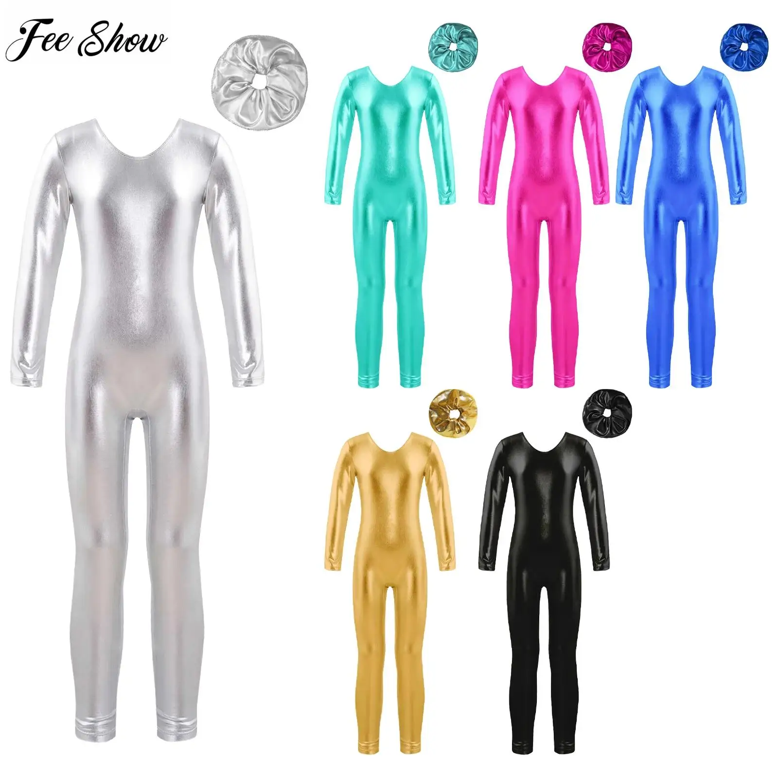 Kids Girls Shiny Dance Outfits Long Sleeve Round Neck Gymnastics Jumpsuit with Hair Tie Headwear for Skating Performance
Kids Girls Shiny Dance Outfits Long Sleeve Round Neck Gymnastics Jumpsuit with Hair Tie Headwear for Skating Performance