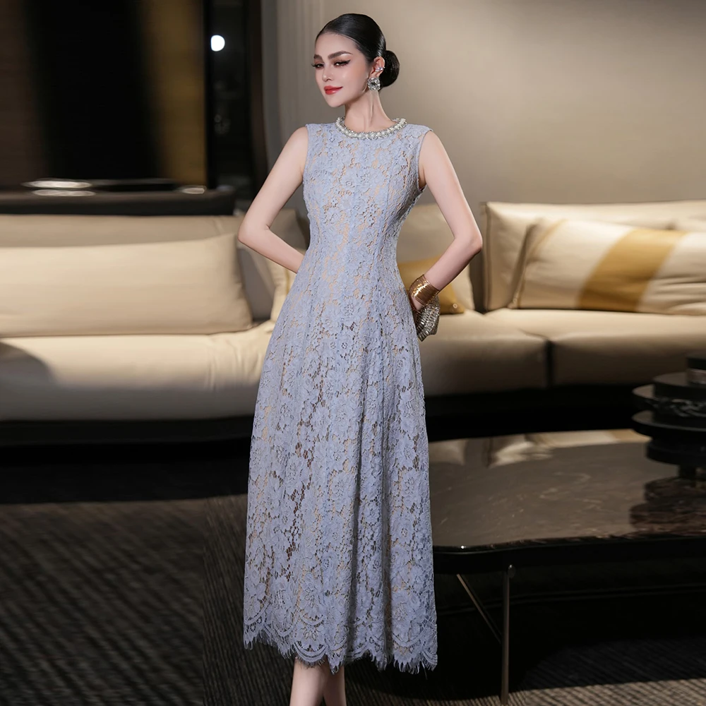 ZJYT Summer Runway Fashion Sleeveless Hollow Blue Lace Dress for Women Luxury Pearls O Neck Midi Party Evening Dresses Female
ZJYT Summer Runway Fashion Sleeveless Hollow Blue Lace Dress for Women Luxury Pearls O Neck Midi Party Evening Dresses Female