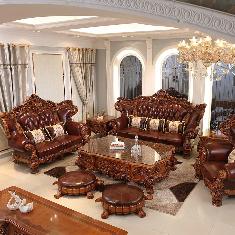 HYS European-style genuine leather sofa, solid wood carved high-end vintage living room luxury villa furniture, complete new set
HYS European-style genuine leather sofa, solid wood carved high-end vintage living room luxury villa furniture, complete new set