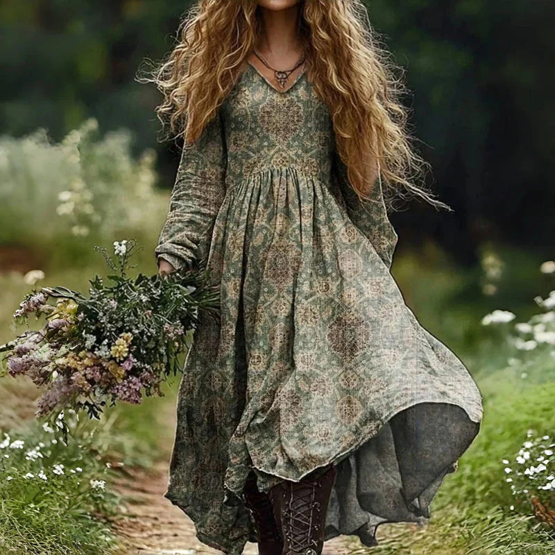 Vintage Pattern Printed Pleated Loose Dress New Spring Autumn Long Sleeved Pullover Dress Bohemian Women's V Neck Robe Dresses
Vintage Pattern Printed Pleated Loose Dress New Spring Autumn Long Sleeved Pullover Dress Bohemian Women's V Neck Robe Dresses