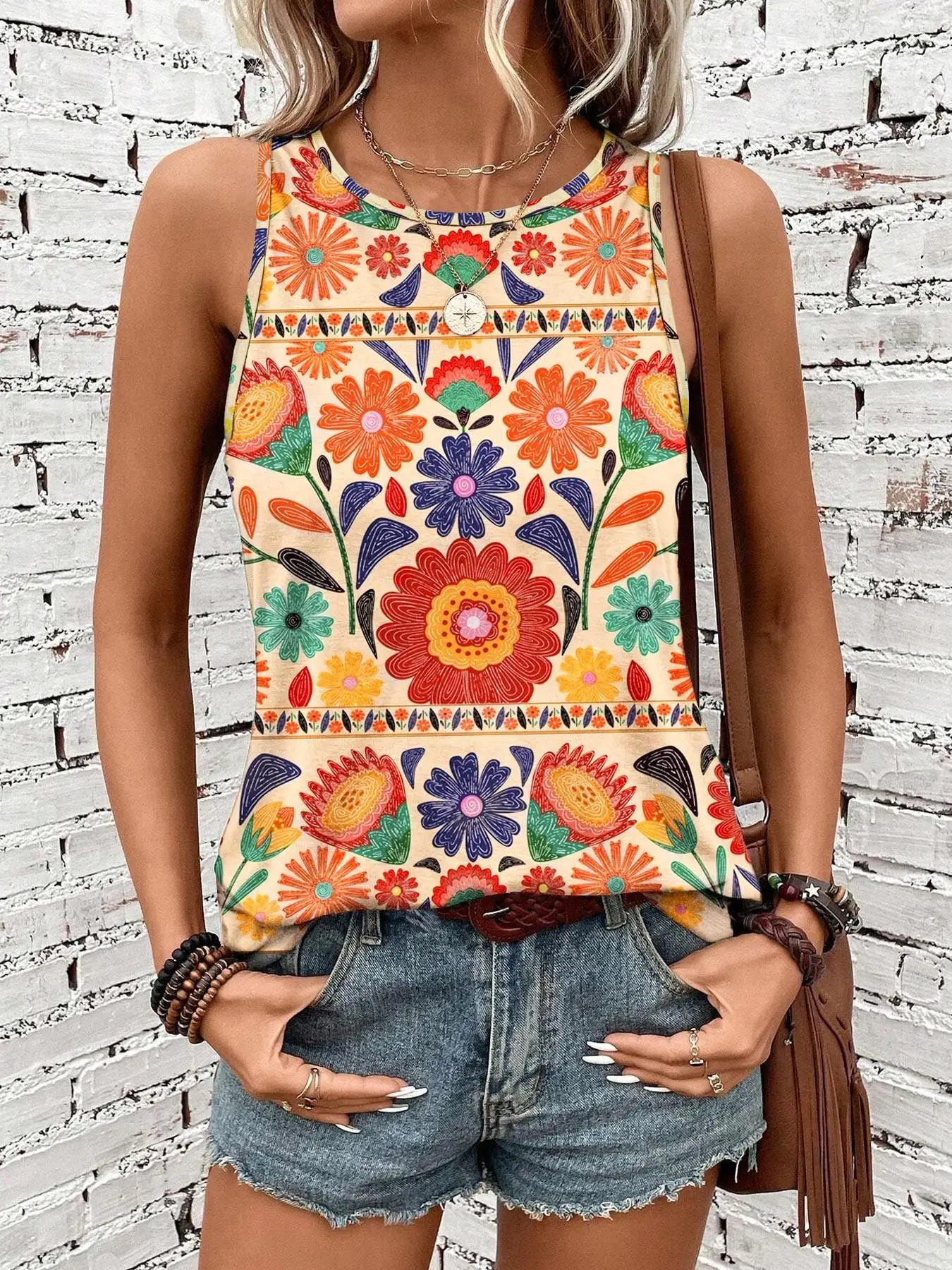 Women's Floral Print Vest, Round Neck Sleeveless Design, Casual Summer for Daily Wear, Loose-Fitting Boho Style 15 S40b979d650c74a8ebbb76499b3ea3493Y