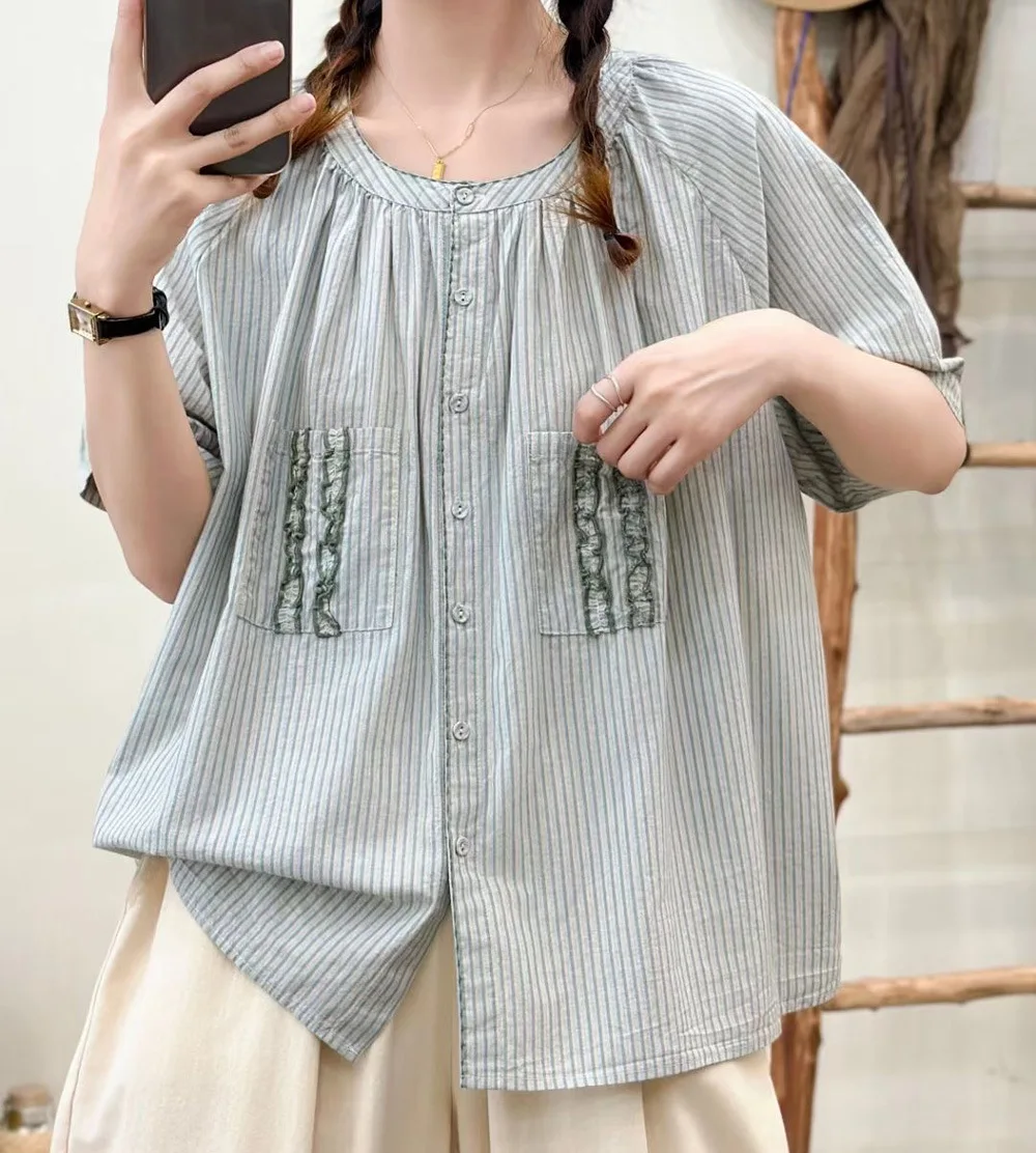 New 2025 Summer Cotton Short Sleeve Shirt, Women O Neck Striped Embroidery, Mori Girl French Retro Casual Loose Blouse T55074CC
New 2025 Summer Cotton Short Sleeve Shirt, Women O Neck Striped Embroidery, Mori Girl French Retro Casual Loose Blouse T55074CC