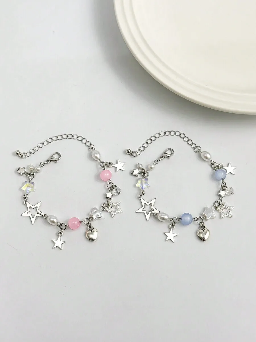 2-Piece Kawaii Star Charm Bracelet Set With Pearl And Crystal Accents For Women, Romantic Friendship Gift
2-Piece Kawaii Star Charm Bracelet Set With Pearl And Crystal Accents For Women, Romantic Friendship Gift