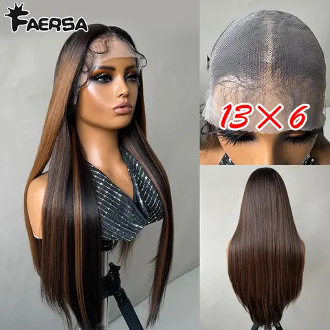 Peluca delantera de encaje HD, mezcla de cabello 13X6, peluca de encaje prearrancada, sin pegamento, sintética, resistente al calor, larga, recta, negra y rubia