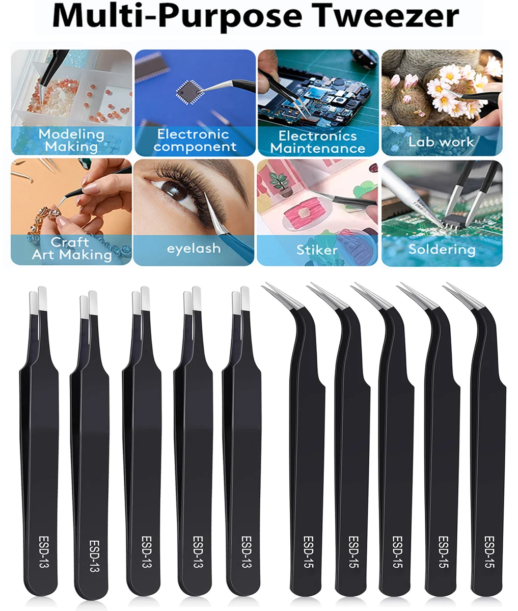 ESD Safe Anti-Static Stainless Steel Tweezers for Electronics Repair, PCB Soldering, Jewelry Making, Craft, Model Building
ESD Safe Anti-Static Stainless Steel Tweezers for Electronics Repair, PCB Soldering, Jewelry Making, Craft, Model Building