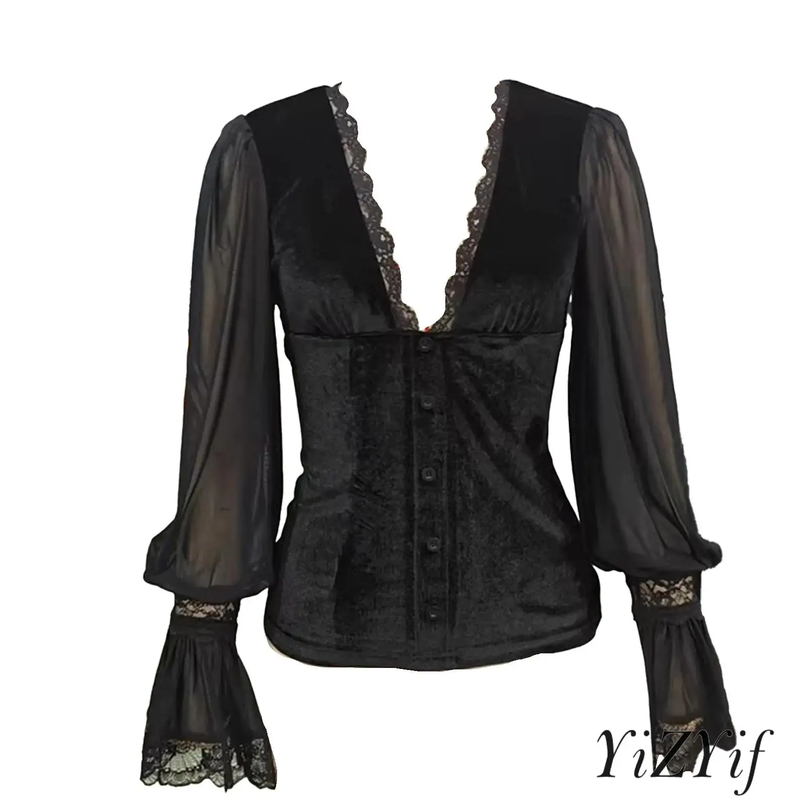 Womens Vintage Gothic Blouse Lace Trim Deep V Neck Sheer Long Sleeves with Flared Cuffs Velvet Shirt Top for Cocktails Party
Womens Vintage Gothic Blouse Lace Trim Deep V Neck Sheer Long Sleeves with Flared Cuffs Velvet Shirt Top for Cocktails Party