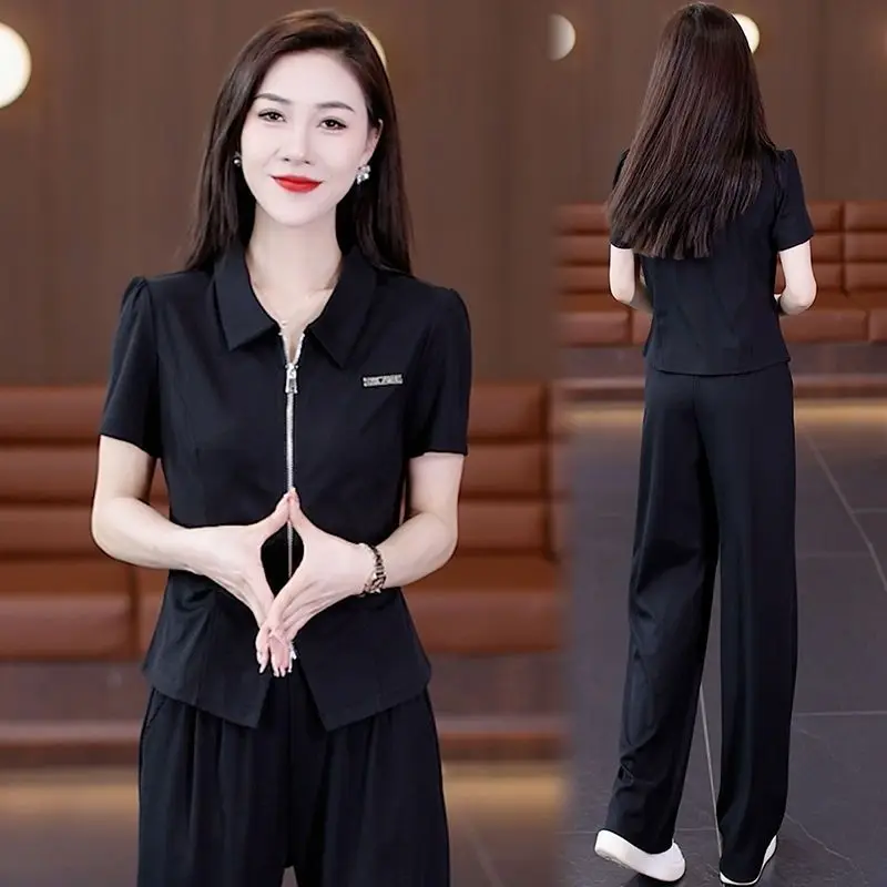 Women's Casual Office Suit 2025 Spring Summer New Solid Color Zipper T-shirt And Wide Leg Pants Two Piece Set Plus Size Clothing
Women's Casual Office Suit 2025 Spring Summer New Solid Color Zipper T-shirt And Wide Leg Pants Two Piece Set Plus Size Clothing