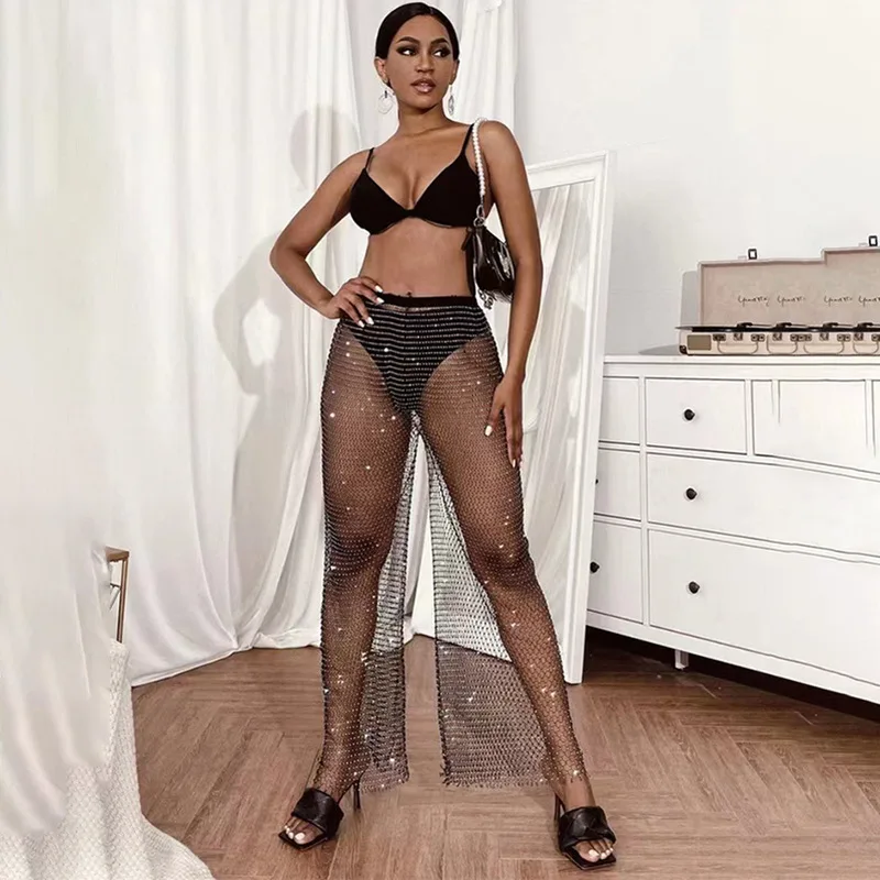 Fashion Crystal Diamond Wide Leg Pants Womens Splitter Rhinetone FisheNet Loose Pants Sexy See Through Hollow out Long Pant
Fashion Crystal Diamond Wide Leg Pants Womens Splitter Rhinetone FisheNet Loose Pants Sexy See Through Hollow out Long Pant
