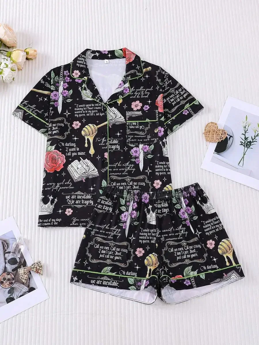 Dark Retro Floral Sword Crown Print Two-Piece Pajama Set With Lapel Top And Elastic Shorts
Dark Retro Floral Sword Crown Print Two-Piece Pajama Set With Lapel Top And Elastic Shorts