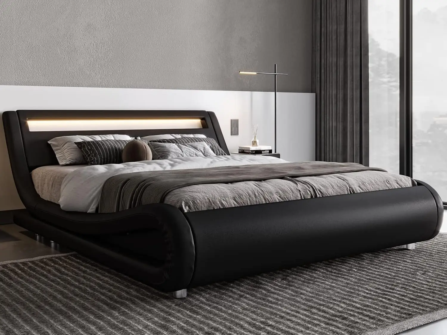 King Size LED Platform Bed Frame with Adjustable Headboard/No Box Spring Need/Easy Assembly/Faux Leather in Black
King Size LED Platform Bed Frame with Adjustable Headboard/No Box Spring Need/Easy Assembly/Faux Leather in Black