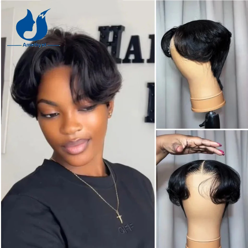 Amethyst Women's Short Pixie Cut Wig with Layered Curtain Bangs 13x6 Lace Front Human Hair Wig Pre Plucked Wavy Natural Black
Amethyst Women's Short Pixie Cut Wig with Layered Curtain Bangs 13x6 Lace Front Human Hair Wig Pre Plucked Wavy Natural Black