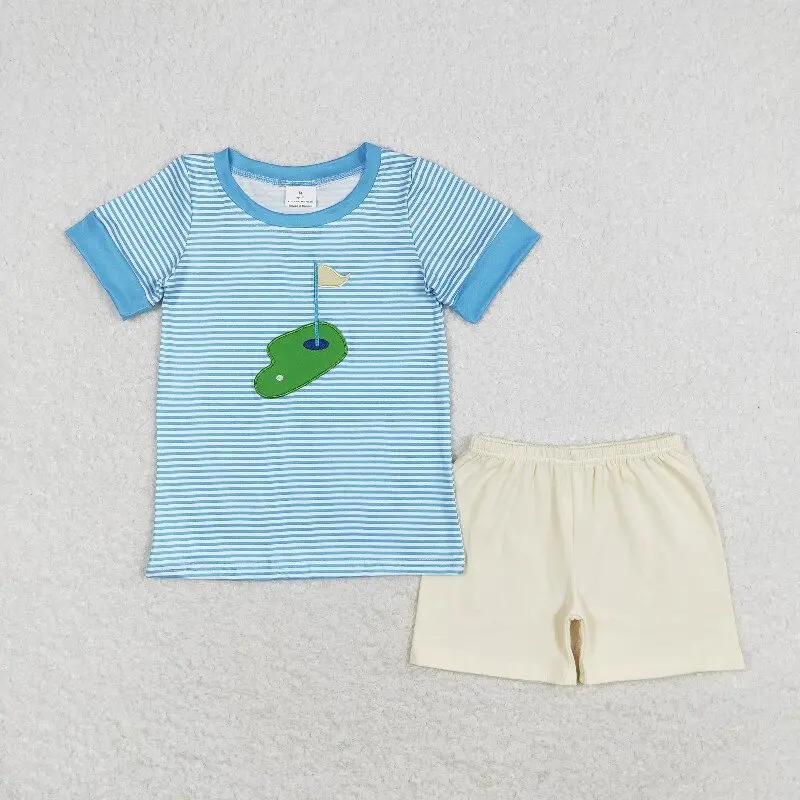 New rts baby boy summer suit wholesale boutique embroidered golf stripe blue short sleeve beige shorts set
New rts baby boy summer suit wholesale boutique embroidered golf stripe blue short sleeve beige shorts set