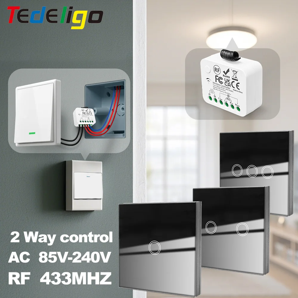 433MHz Mini Wireless Smart Light Switch 220v 10A Relay Receiver with 1/2/3 Gang Black Wall Panel Switch Remote Control Lamp Fan 
433MHz Mini Wireless Smart Light Switch 220v 10A Relay Receiver with 1/2/3 Gang Black Wall Panel Switch Remote Control Lamp Fan