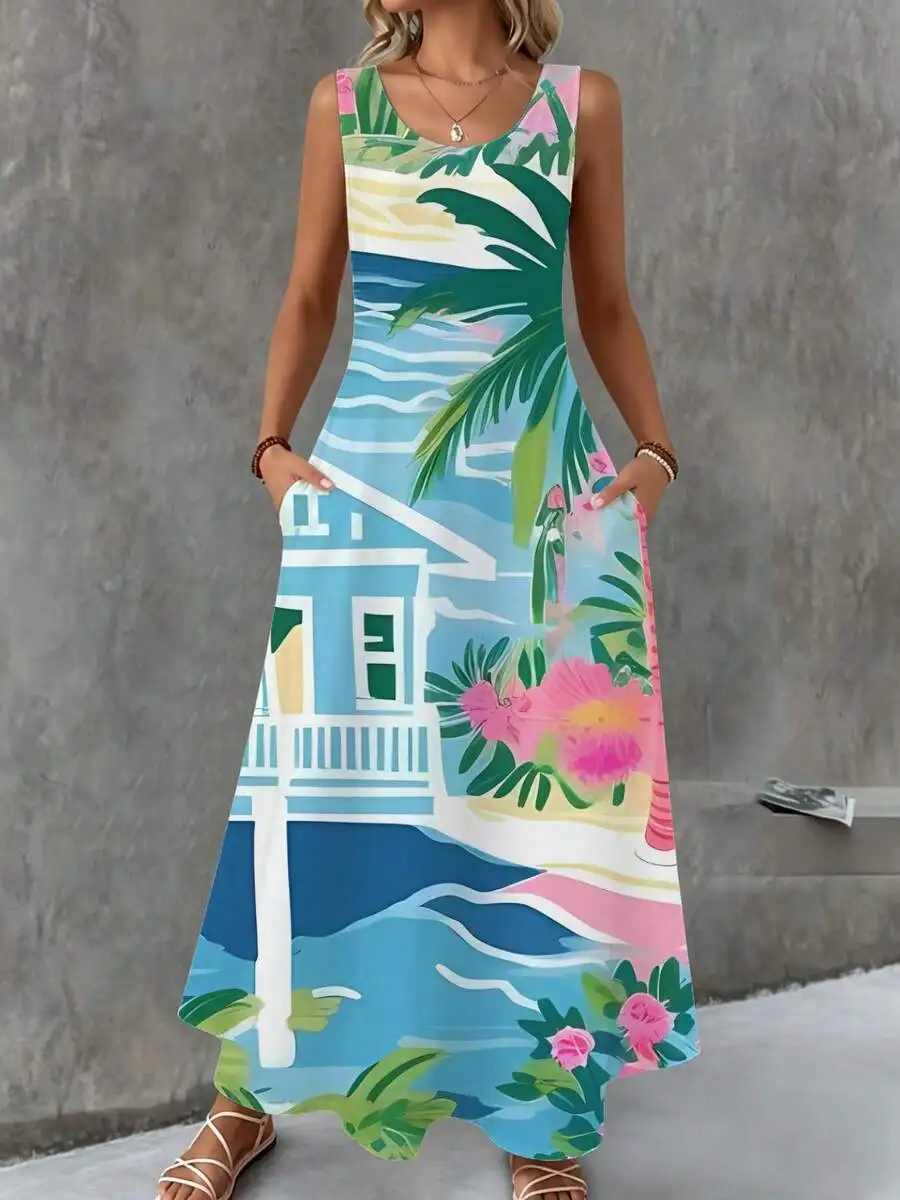 Sleeveless Maxi Dress Blue Pink Tropical Palm Tree Beach House Print Summer Vacation Beachwear
Sleeveless Maxi Dress Blue Pink Tropical Palm Tree Beach House Print Summer Vacation Beachwear