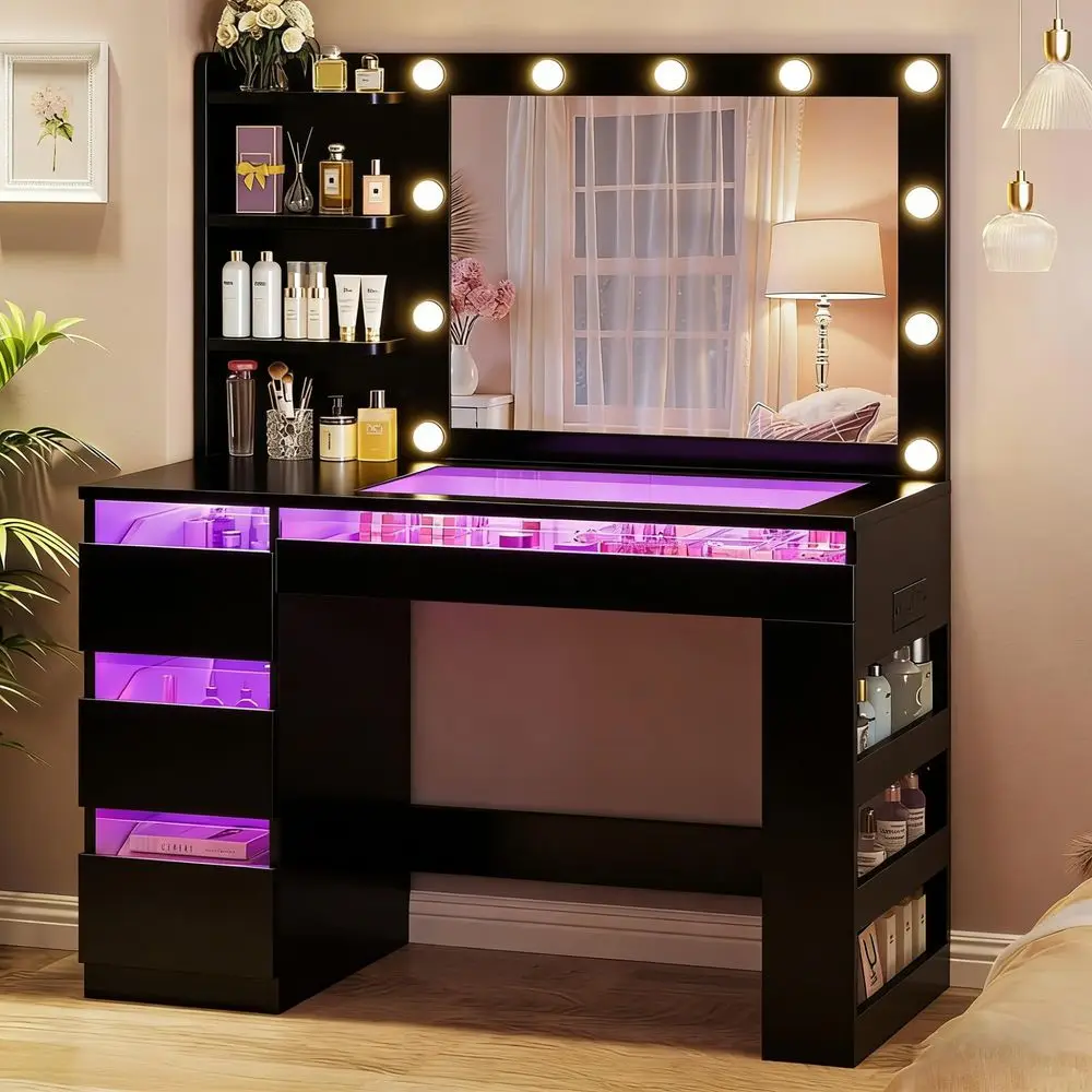 Vanity Desk with Lighted Mirror amp Transparent Top, Makeup Vanity Desk with 4 Transparent Drawers and RGB Lighting, Builtin Po
Vanity Desk with Lighted Mirror amp Transparent Top, Makeup Vanity Desk with 4 Transparent Drawers and RGB Lighting, Builtin Po