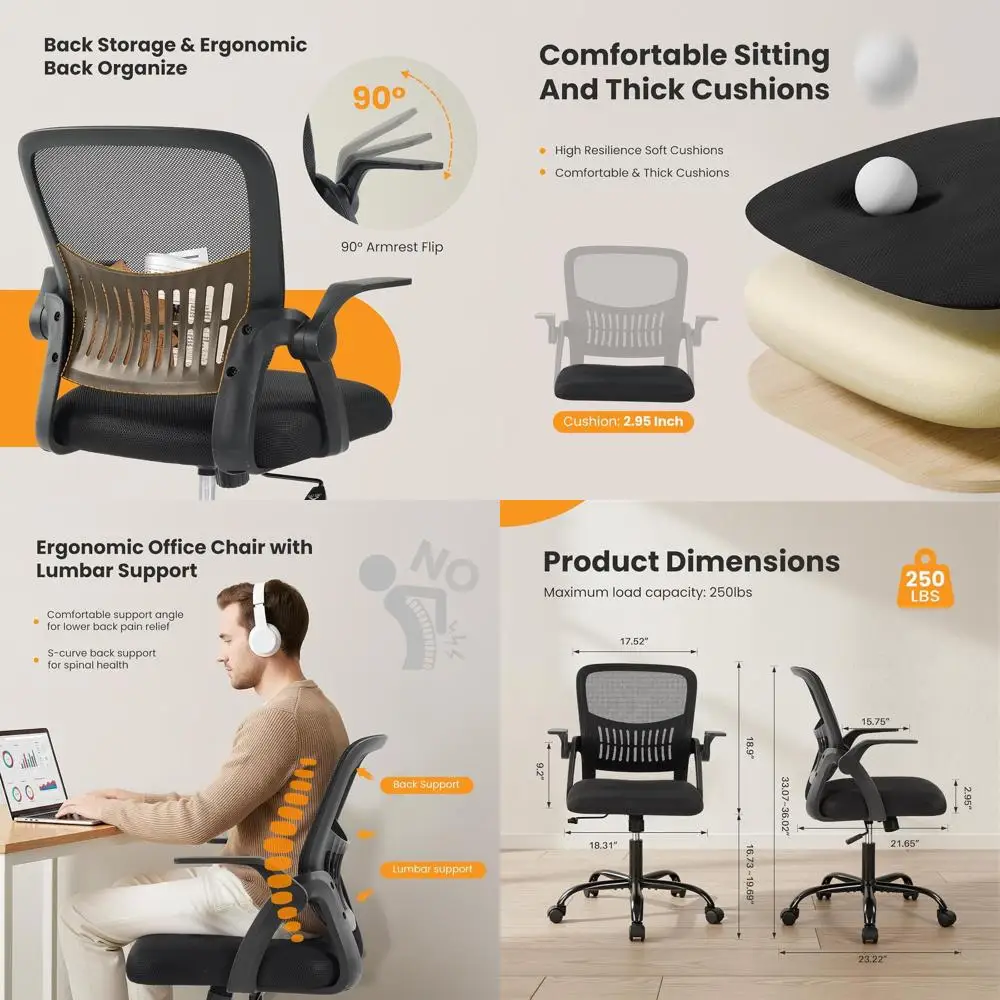 Ergonomic Mid-Back Mesh Chair with Flip-Up Armrests, 360° Swivel, Adjustable Height for Home Office, Black
Ergonomic Mid-Back Mesh Chair with Flip-Up Armrests, 360° Swivel, Adjustable Height for Home Office, Black
