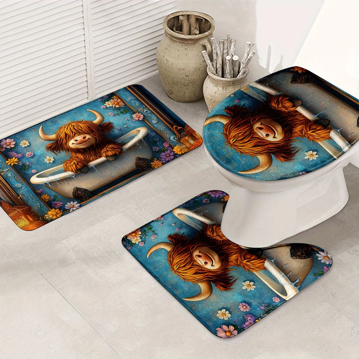 3pcs Highland Cow Bathroom Rug Set Non-Slip U-Shaped Mat and Toilet Lid Cover Rustic Animal Theme Washable Indoor Floor Mats
3pcs Highland Cow Bathroom Rug Set Non-Slip U-Shaped Mat and Toilet Lid Cover Rustic Animal Theme Washable Indoor Floor Mats