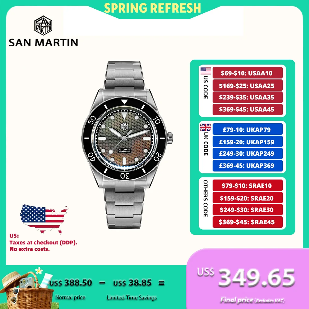 San Martin 39mm Miyota 90S5 Guilloche MOP Wave Dial Men Automatic Watch Dive Wristwatch Self-Wind BGW-X1 Luminous 20Bar SN0151GL
San Martin 39mm Miyota 90S5 Guilloche MOP Wave Dial Men Automatic Watch Dive Wristwatch Self-Wind BGW-X1 Luminous 20Bar SN0151GL