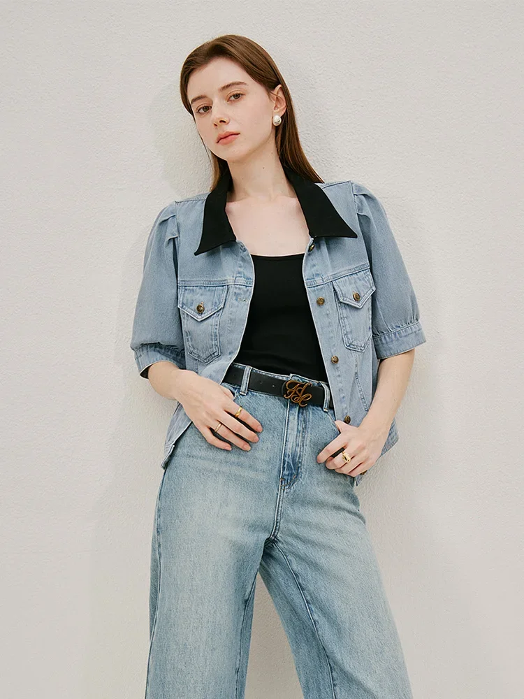 FSLE Contrasting Color Polo Neck Denim Shirts Summer Half Sleeve Puff Sleeve 100% Cotton Single Breasted Denim Blouse 24FS12237
FSLE Contrasting Color Polo Neck Denim Shirts Summer Half Sleeve Puff Sleeve 100% Cotton Single Breasted Denim Blouse 24FS12237