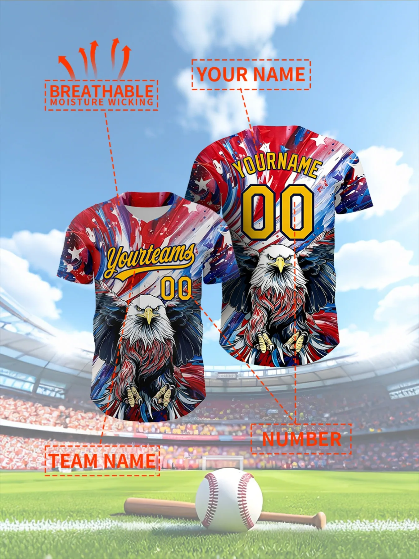 Custom American Eagle Baseball Jersey Personalized Name Number Breathable Moisture Wicking Sports Shirt For Men Wome
Custom American Eagle Baseball Jersey Personalized Name Number Breathable Moisture Wicking Sports Shirt For Men Wome
