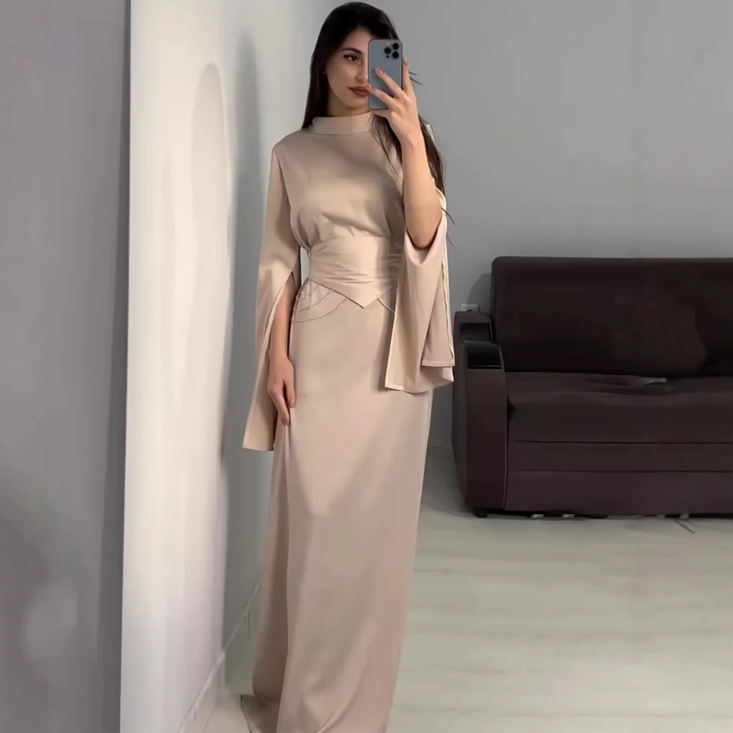 Elegant Satin Dress for Women Long Sleeve Ruched Waist High Neck Spring Summer Dresses with Tie Back
Elegant Satin Dress for Women Long Sleeve Ruched Waist High Neck Spring Summer Dresses with Tie Back