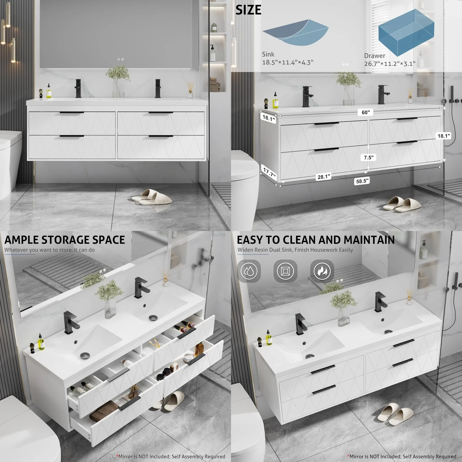 60" Wall Mounted Bathroom Vanity Cabinet with Sink Combo Matte Black Faucet Soft Close Drawers White Customized
60" Wall Mounted Bathroom Vanity Cabinet with Sink Combo Matte Black Faucet Soft Close Drawers White Customized