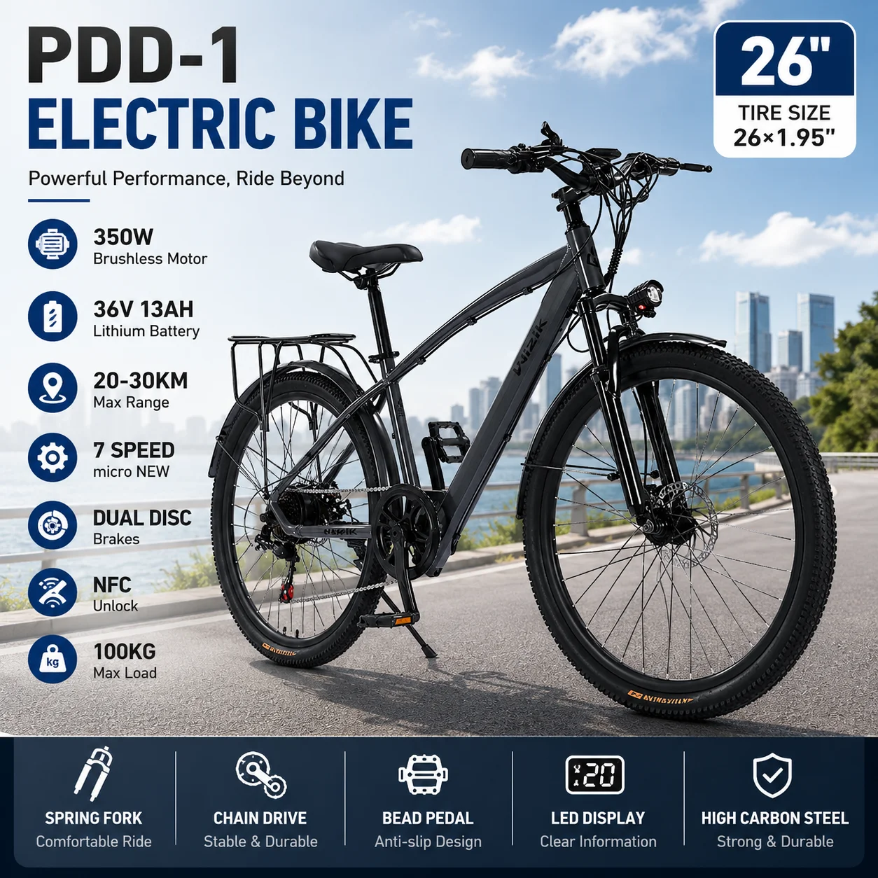 City E-Bike 26” Urban Electric Bike 350W Brushless Motor 36V 13Ah Battery LED Display NFC Unlock Dual Disc Brakes 7-Speed
City E-Bike 26” Urban Electric Bike 350W Brushless Motor 36V 13Ah Battery LED Display NFC Unlock Dual Disc Brakes 7-Speed