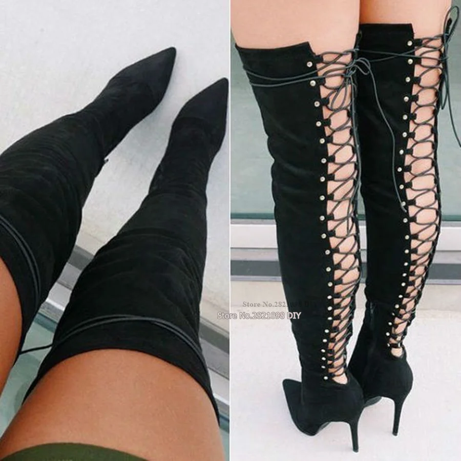 Newest black suede over the knee high heel boots sexy pointed toe back lace-up thigh high boots summer thin heels boots
Newest black suede over the knee high heel boots sexy pointed toe back lace-up thigh high boots summer thin heels boots