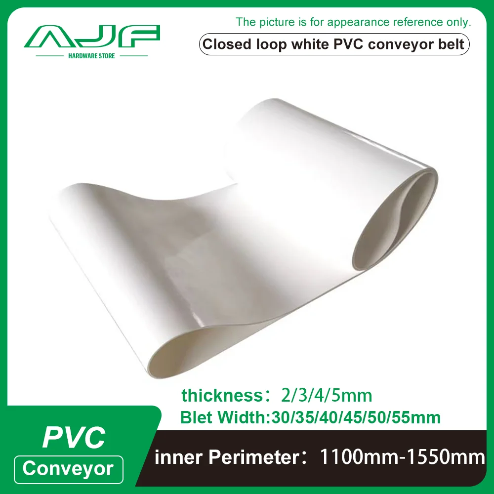 White PVC Industrial Transmission Conveyor Belt Perimeter:1100mm-1550mm Belt Width: 30/35/40/45/50/55mm (Can Customized Size) 
White PVC Industrial Transmission Conveyor Belt Perimeter:1100mm-1550mm Belt Width: 30/35/40/45/50/55mm (Can Customized Size)